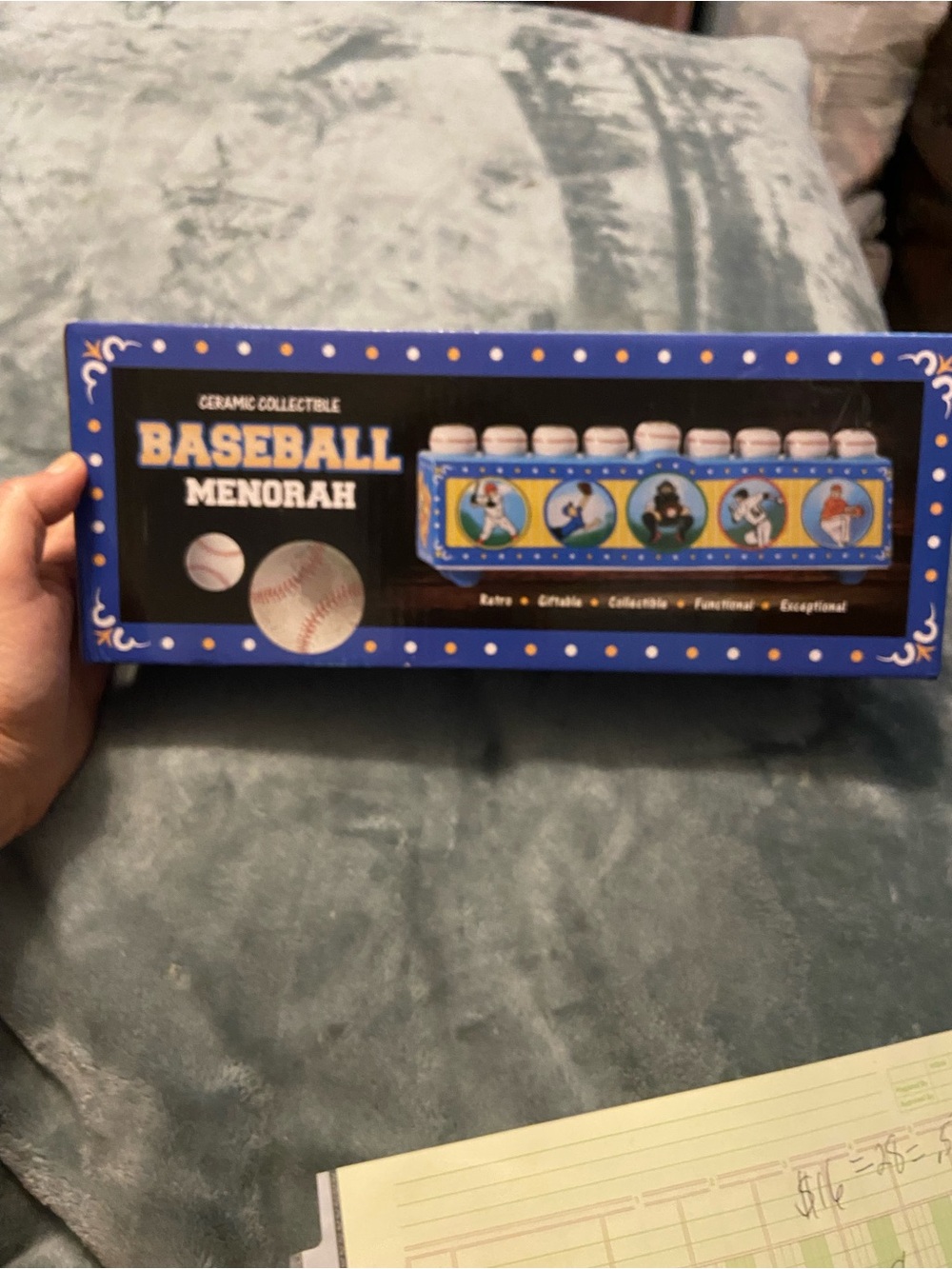 Blue Ceramic Baseball Menorah - Baseball-Themed Hanukkah Centerpiece